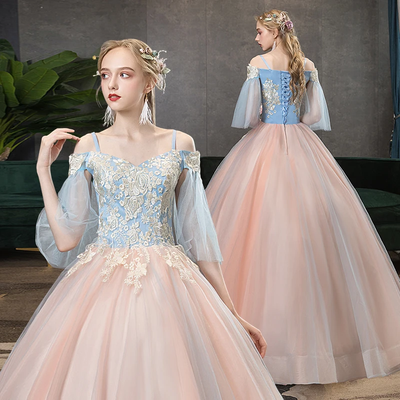 ใหม่คลาสสิกงานแต่งงานชุดเย็บปักถักร้อยดอกไม้ Ball Gown สีฟ้าและสีชมพูยาวจัดเลี้ยง Vestido ที่กําหนดเอง