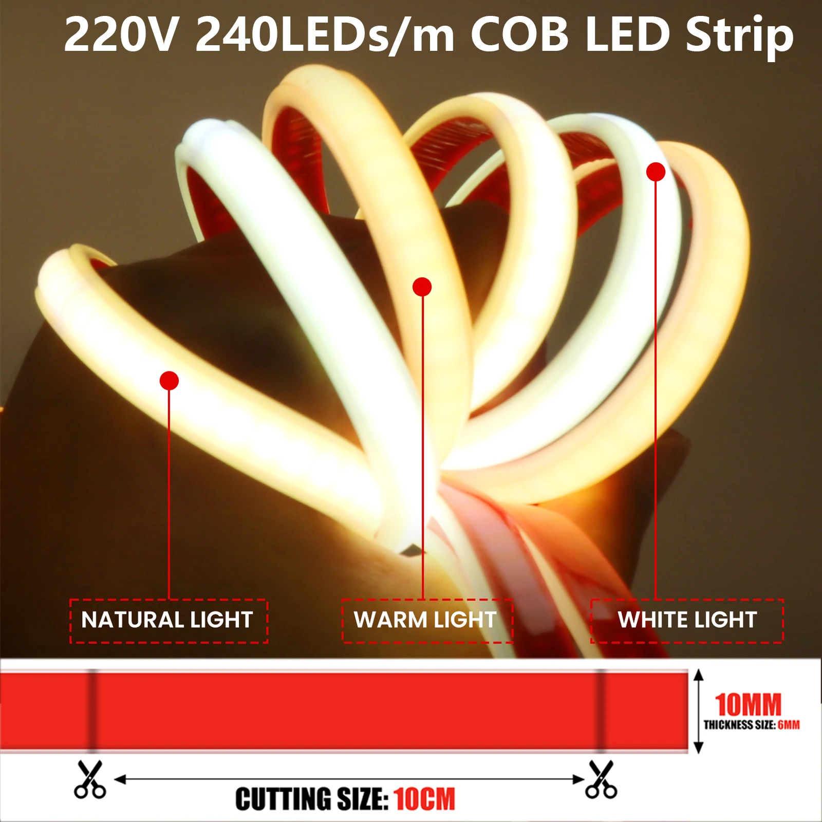 

220V COB LED Strip Light 10cm Can Cut Waterproof LED Ribbon Flexible Tape with EU Plug 0.5m-30m White Warm White Natural White