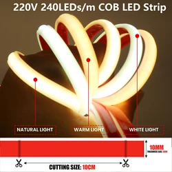 220V COB LED Strip Light 10cm Can Cut Waterproof LED Ribbon Flexible Tape with EU Plug 0.5m-30m White Warm White Natural White