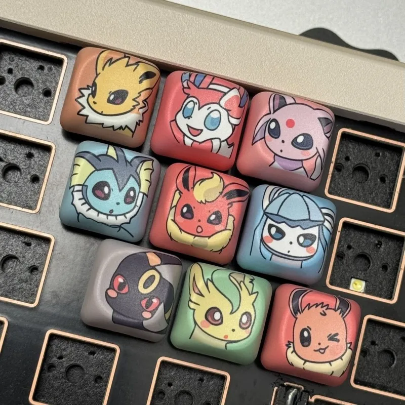 Колпачки для клавиш Pokemon Eeveelutions MOA Profile PBT, кастомные колпачки для клавиш Eevee, для механических клавиатур с крестообразным креплением, для ESC, Page Up, Page Down
