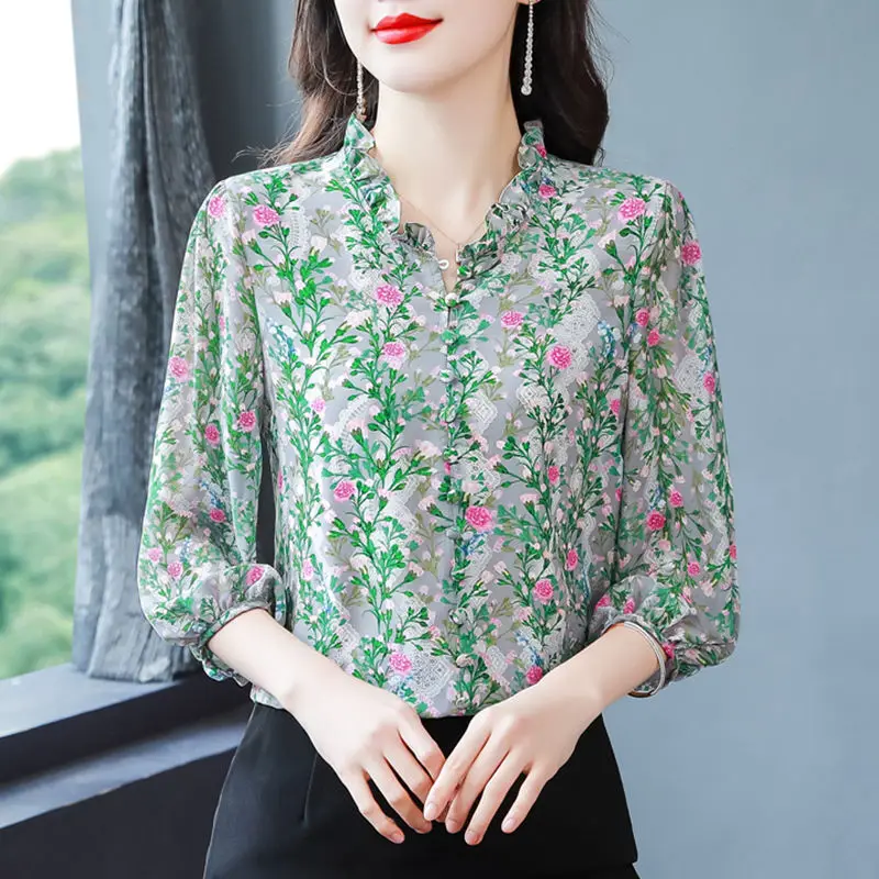 Women\'s Ruffle Floral Print Vintage Elegant Button Up Shirt Korean Fashion V Neck 3/4 Sleeve Blouse Casual Loose Sweet Chic Tops