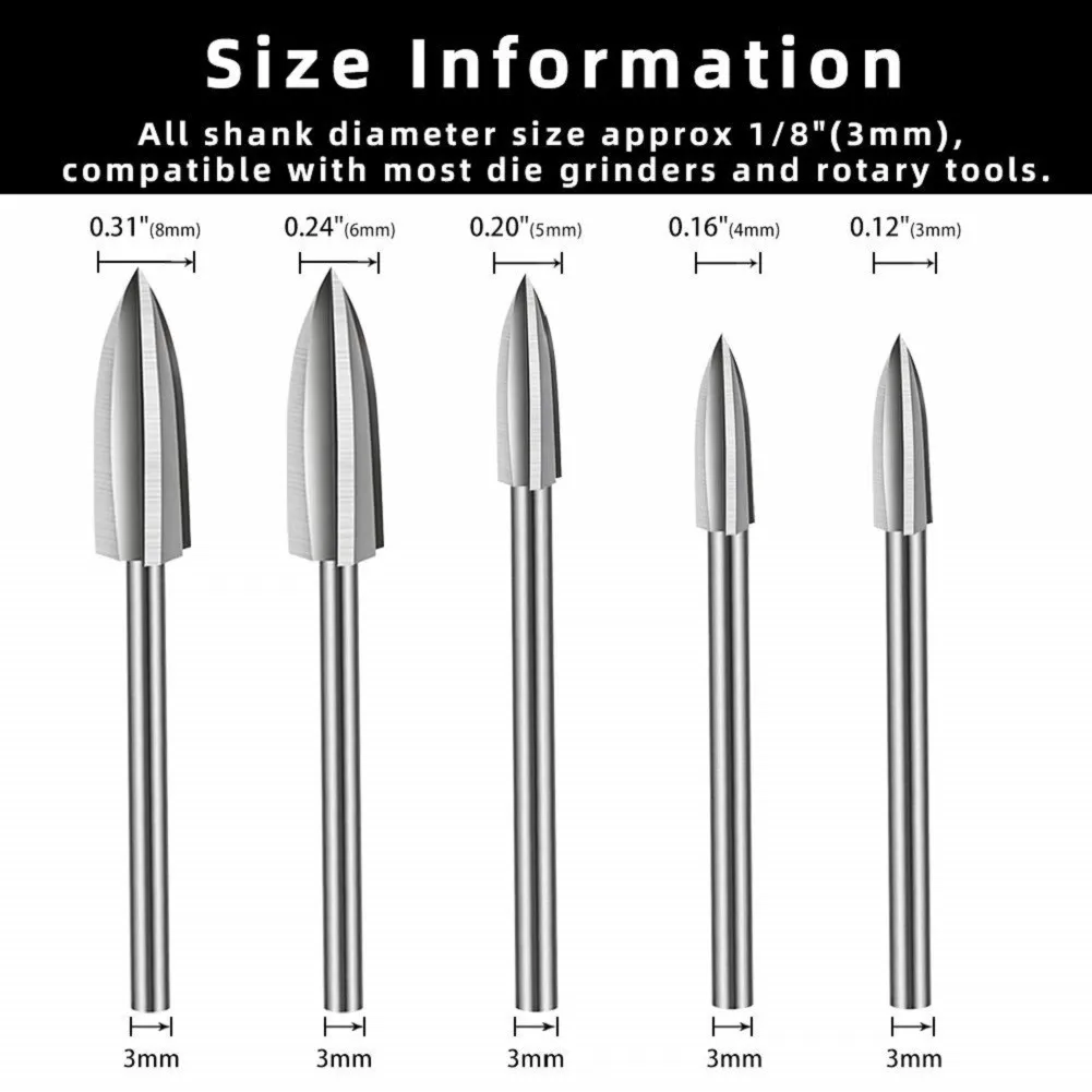 5PCS Rotary Tool Wood Carving Bits Set Featuring Multiple Profiles for Roughing Shaping and Finishing Wood Surfaces