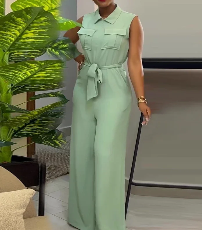 2024 Spring Women\'s Jumpsuit with Lapel Pocket and Waist Cinched Loose Solid Color Sleeveless Wide Leg Jumpsuit