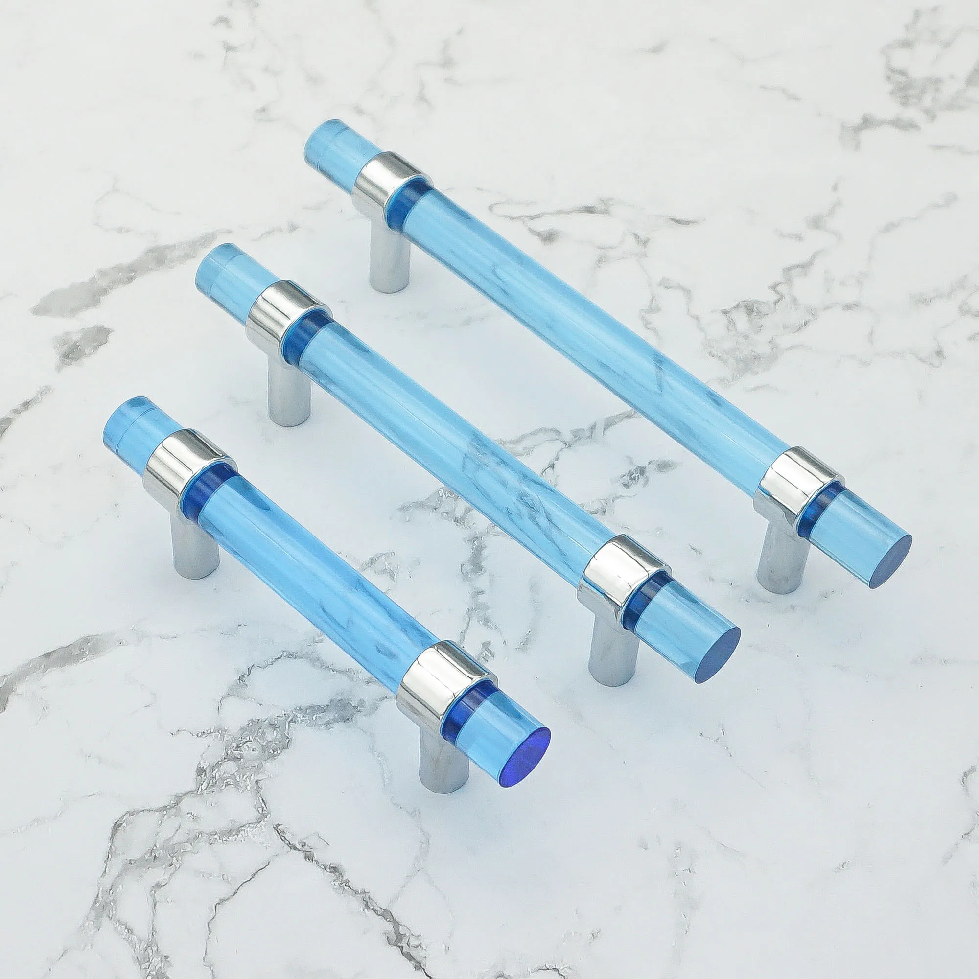 MFYS Blue Acrylic Kitchen Cabinet Handles Silver Cupboard Door T Bar Knobs Bedroom Wardrobe Pulls Simple Furniture Hardware