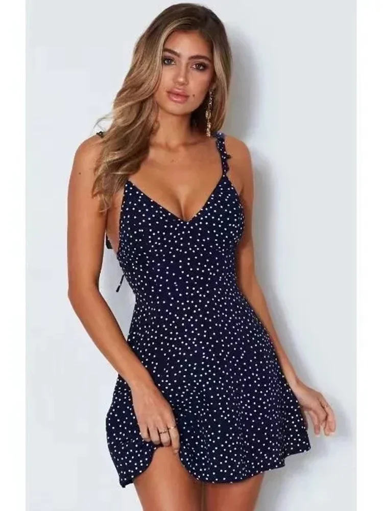 Seksowna sukienka mini w kropki z dekoltem w serek, damska letnia moda boho, cienkie ramiączka spaghetti, dopasowana sukienka w kształcie litery A, sukienka na plażę, imprezę, streetwear, damskie vestidos