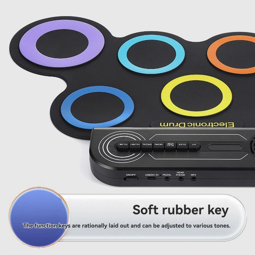 

AS95-Электрическая барабанная установка со встроенным динамиком, портативная детская барабанная машина с 2-футовыми педалями и барабанными палочками, рулонный дизайн, цвет + черный