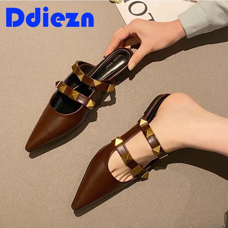 Fashion Rivet Women Flats Mules Slippers Shallow Footwear 2024 Spring Pointed Toe Female Sandals Outdoor Slides Ladies Shoes