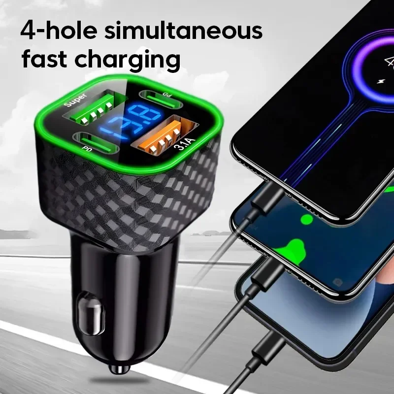 380W Car Mobile Phone Charger Dual PD Dual Type-C 4-in-1 Digital Display Auto Charger DC 12V/24V Super Fast Charge Adapter