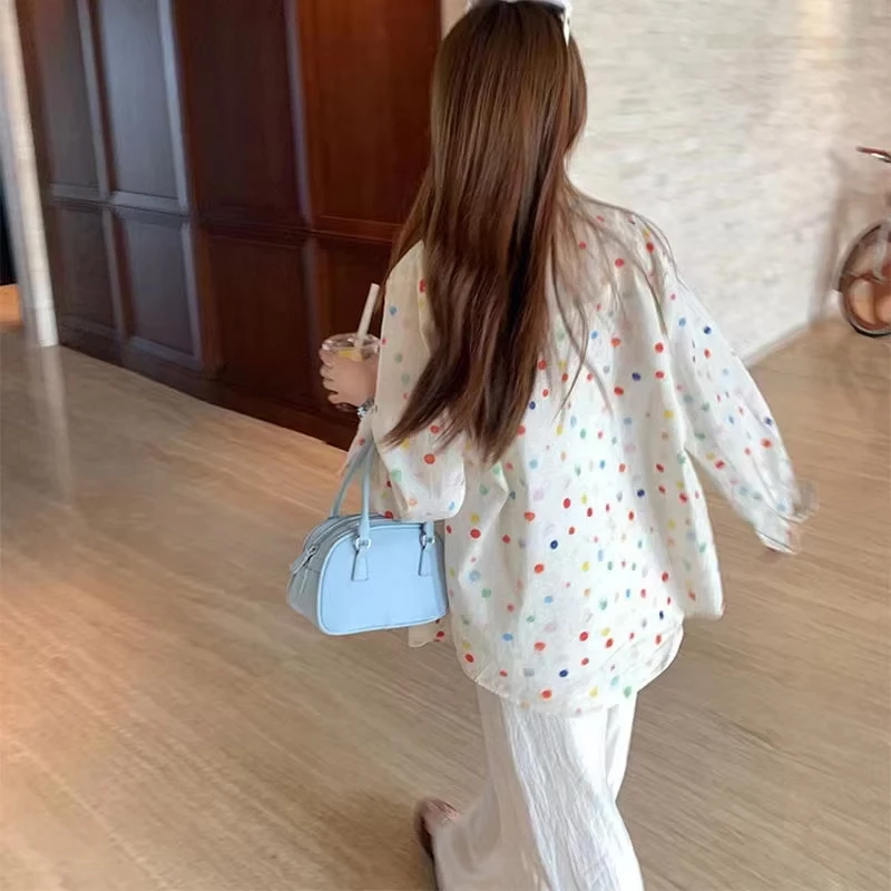 قميص غير رسمي فضفاض ورقيق واقي من الشمس بلوزة حلوة ملونة منقطة للنساء ملابس فضفاضة موضة الصيف بأكمام طويلة 1974 #5