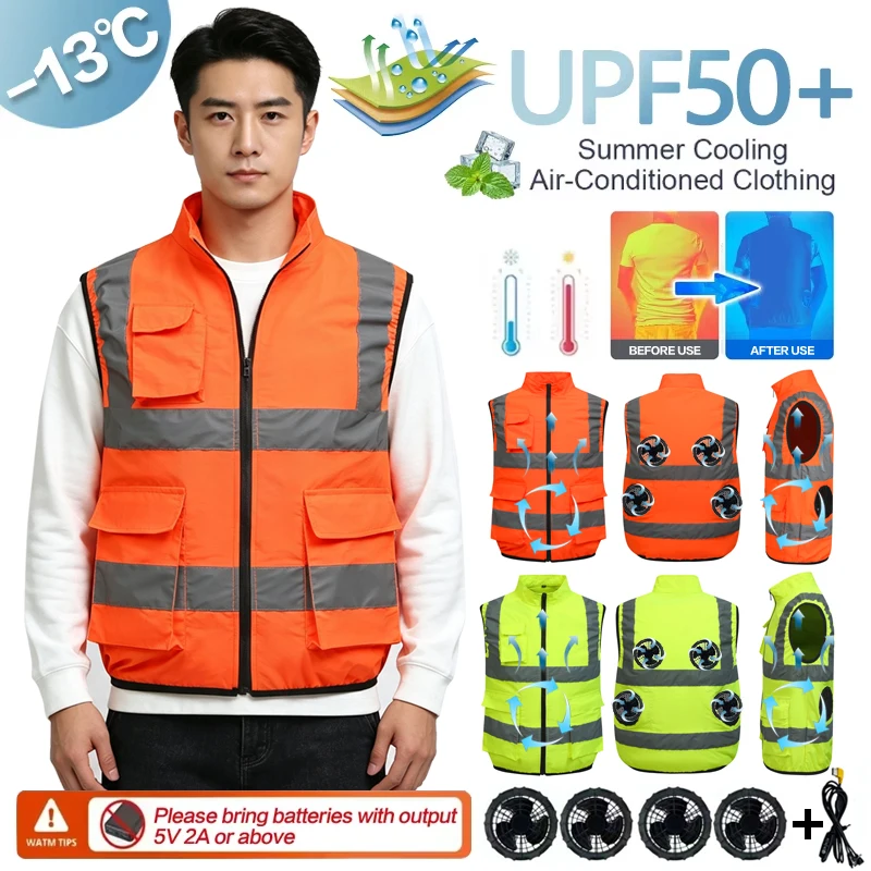 Summer Cooling Air Conditioning Suit, USB4 Fan Cooling Vest, Ultra-Lightweight, Breathable, Features Fluorescent Stripes, Suitab