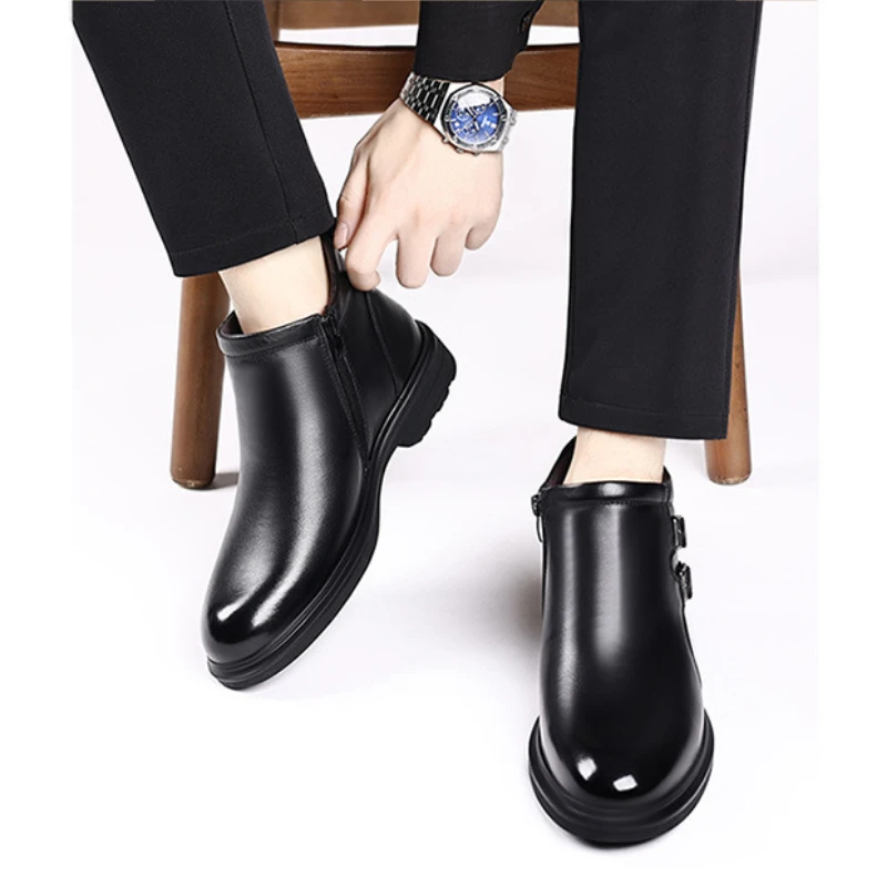 Winter Genuine Leather Wool Men\'s Ankle Boots Fashion Platform Non-slip Men Cotton Shoes buckle Designer Male Chelsea Boots male