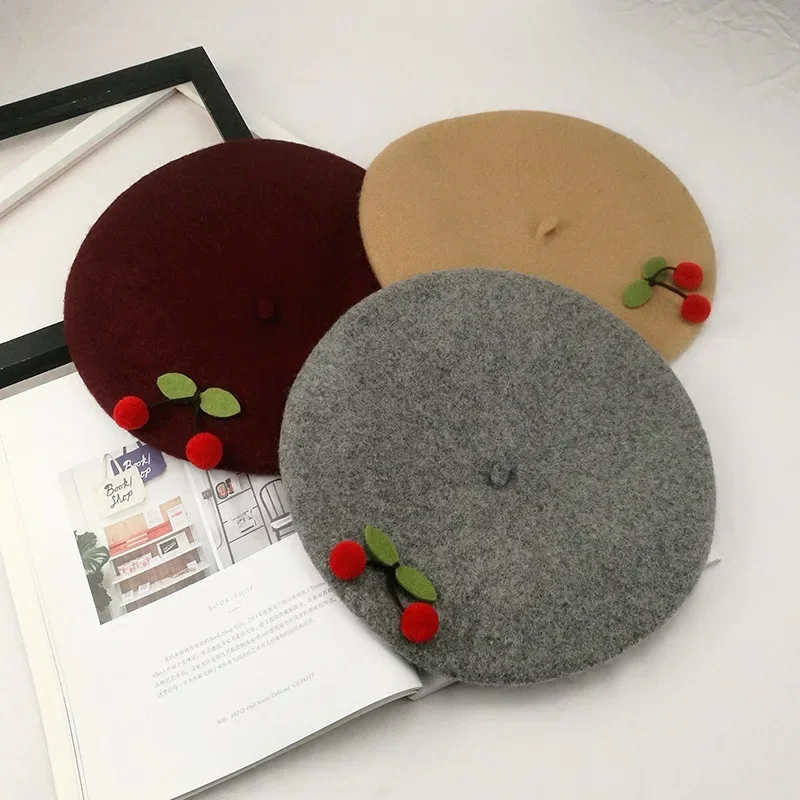 Children\'s Adult Cherry Beret Autumn and Winter Warm Girl Pure Color Cute Japanese Handmade Fashion Parent-child Painter Hat