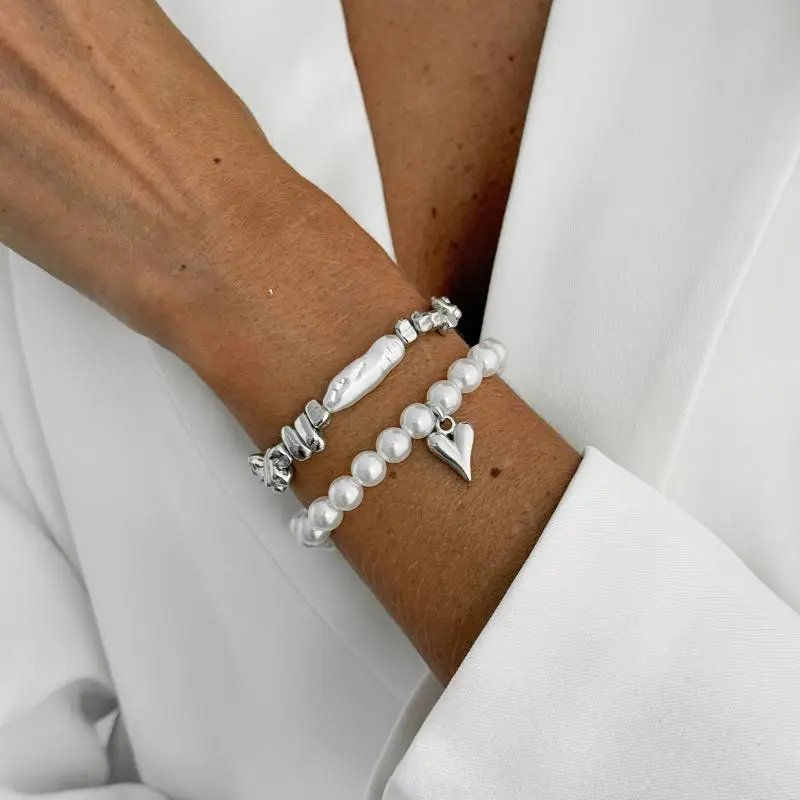 2Pcs Kawaii Imitation Pearls Bracelets Metal Heart Pendant Cube Chain for Teenage Girls Gifts