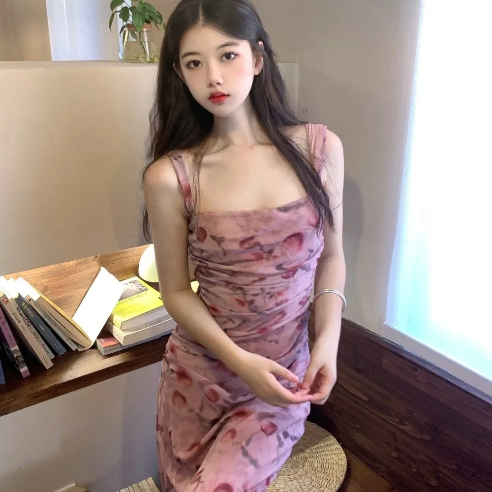 

Soft Slim Fit Floral Slim Long Dress Flower Sleeveless Women Long Skirt Streetwear Spicy Girl Korean Camisole Dress Travel