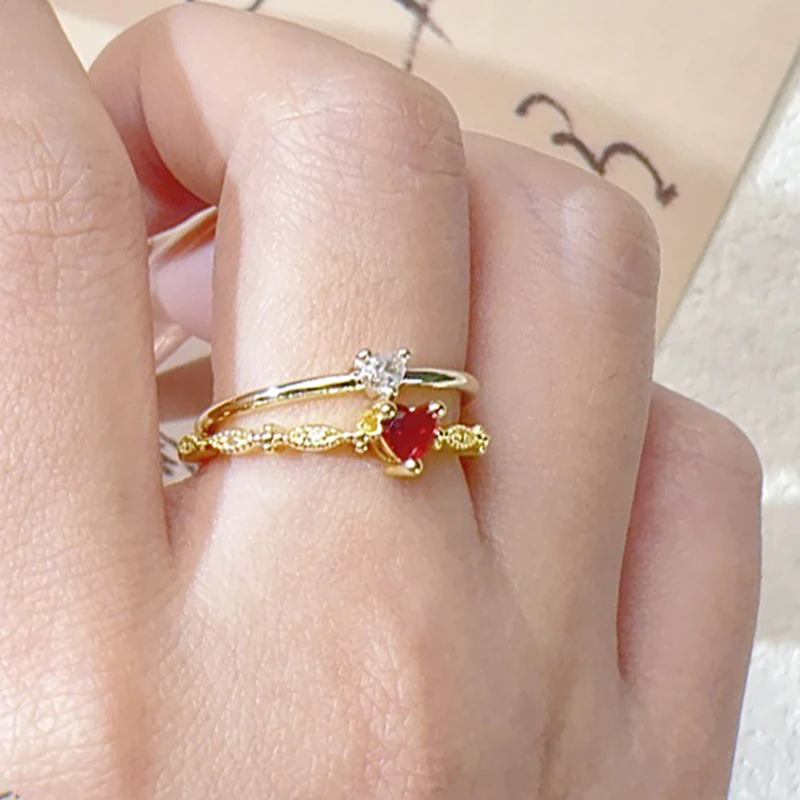 Romantic Dainty Rings For Women Red Zircon Thin Heart Korean Finger Accessories Wedding Gifts Yes Rings For Girlfriend KAR272