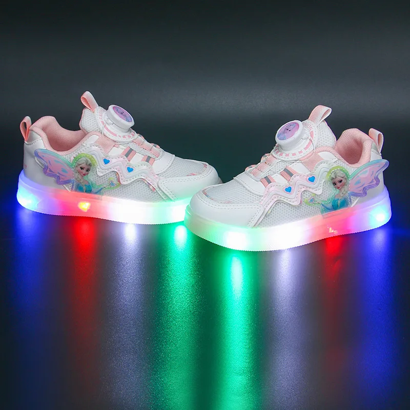 Chaussures de dehors en Cuir Décontractées à Lumière LED pour Fille, Baskets Roses et Violettes à la Mode, Princesse Elsa, Disney