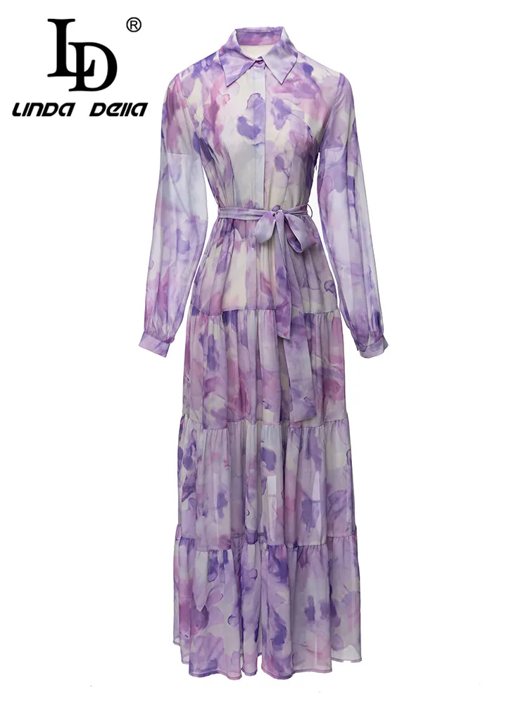 LD LINDA DELLA 2023 Summer Fashion Designer Party Dress Women's Lapel Frenum Gradient Print Splice Slim Fit Chiffon Dress