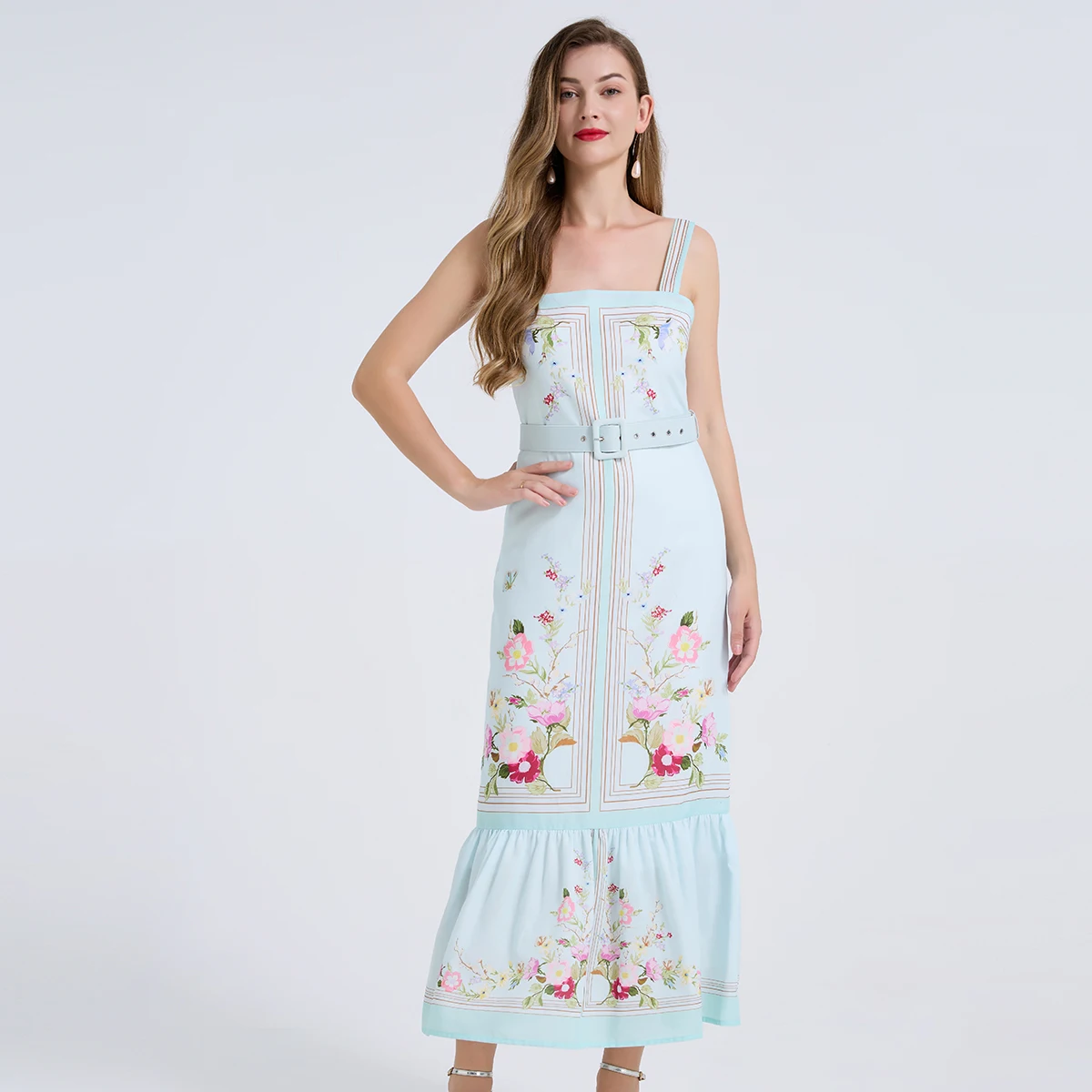 Iridesse Simple and Fashionable, Printed Suspender Slim Dress, Sleeveless Vest Dress, Belted Floral Elegant Dress