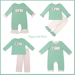 Ropa Wintter Long Sleeve Round Neck Dress Puppy And Duck Pattern Girl Green Top T-shit And Beige Trousers Romper Boy Clothes