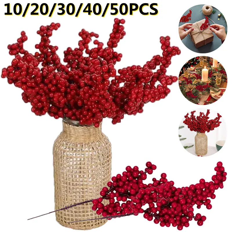 

10/20/30/40/50PCS Christmas Artificial Red Berry Branches Red Holly Berries Branch DIY Xmas Wreath Tree Decoration Home New Year