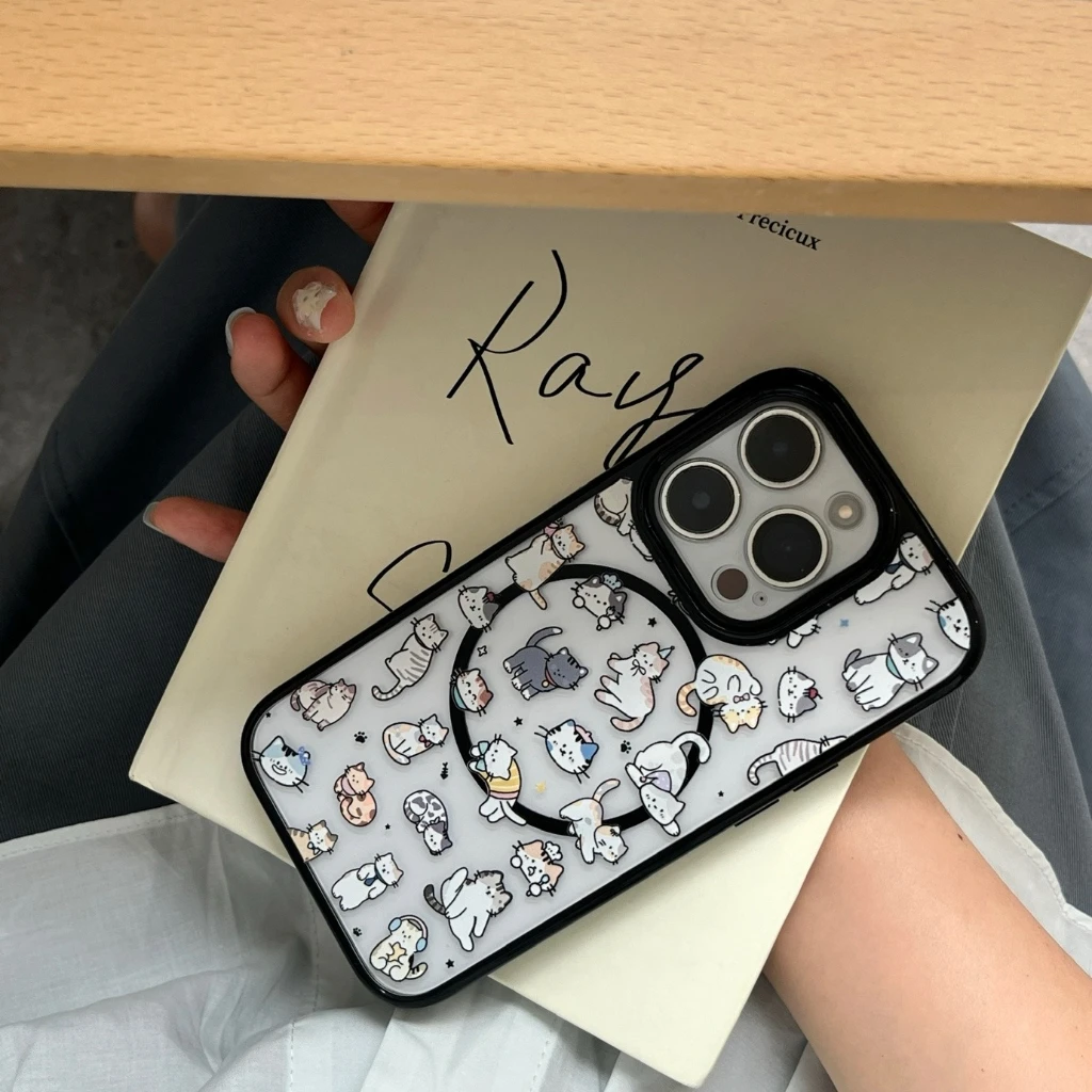 

Fun Full Screen Cute Cat Series Magnetic Wireless Charging With Camera Glass Film Phone Cover Case for iPhone 16 15 14 13 ProMax