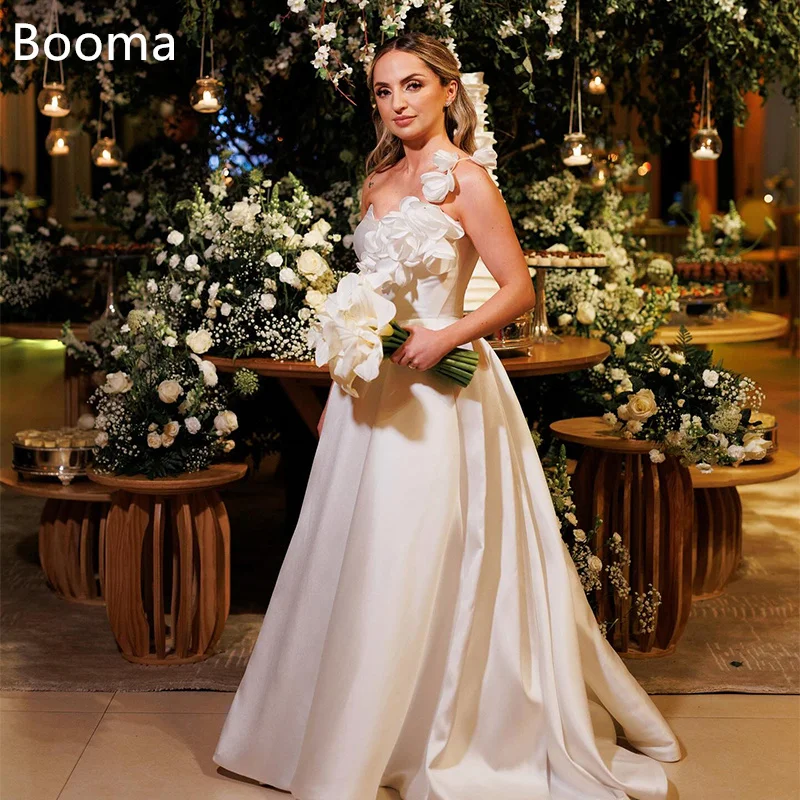 

Booma A-Line Simple One-Shoulder Wedding Dresses Sleeveless Satin Flowers Elegant Brides Gown Custom Made 2025