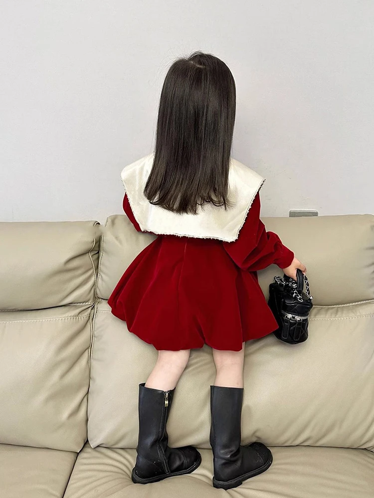 Childrens Clothing Girl Plush Velvet Dress 2023 Winter New Childrens Christmas Dress Baby Flower Bud Skirt