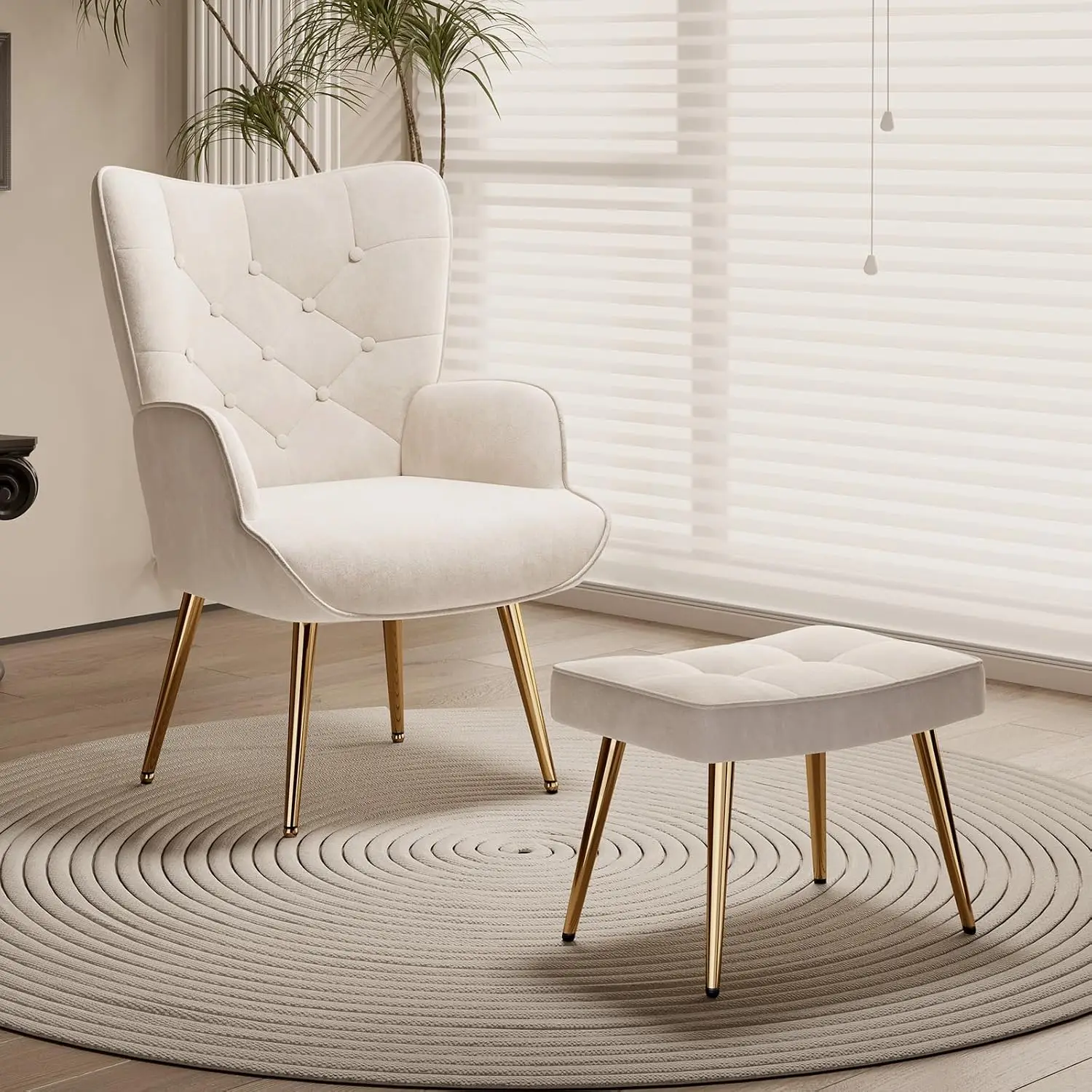 Velvet Wingback Chair & Ottoman Set, Tufted High Back Armchair with Metal Legs for Living Room Bedroom, Beige, Customized