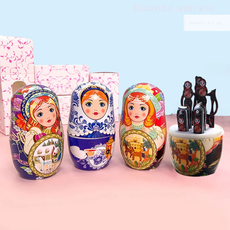 Kit de manucure pour poupée Matryoshka, ensemble de ciseaux à ongles, coupe-ongles, fournitures d'art avec ensemble de poupées gigognes décoratives, 7 pièces