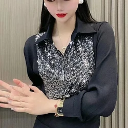 French Style Fashion Autumn New Women Solid POLO Collar Sequins Single Breasted Temperament Office Lady Long Sleeve Shirts Tops