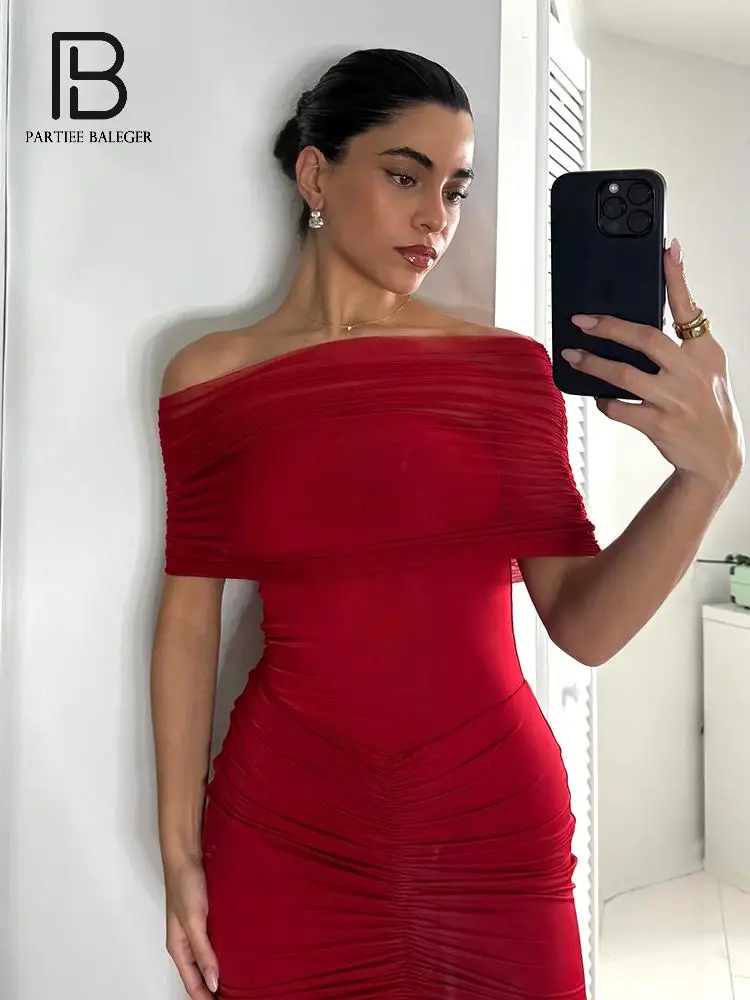

PB Chic Red Mesh Off-Shoulder Ruched Bodycon Mini Dress with Ruffle Hem - Ideal for Cocktail Party & Nights Out Vestido