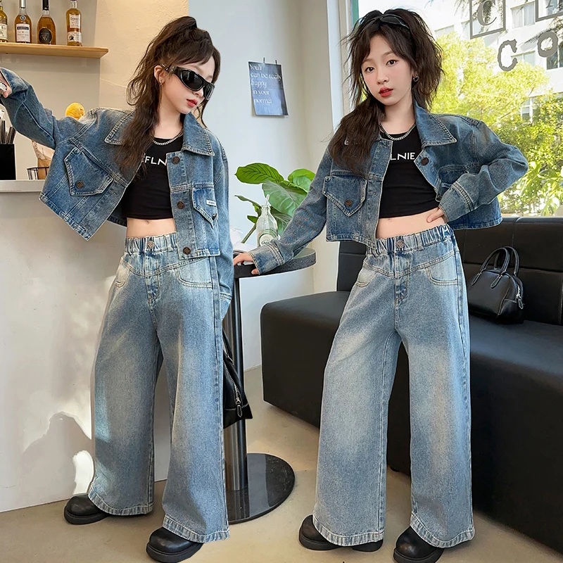 

10 12 14 autumn junior girls denim clothes suit short cowboy jacket+Wide leg pants 2pcs teenage kid suit child outfits conjuntos