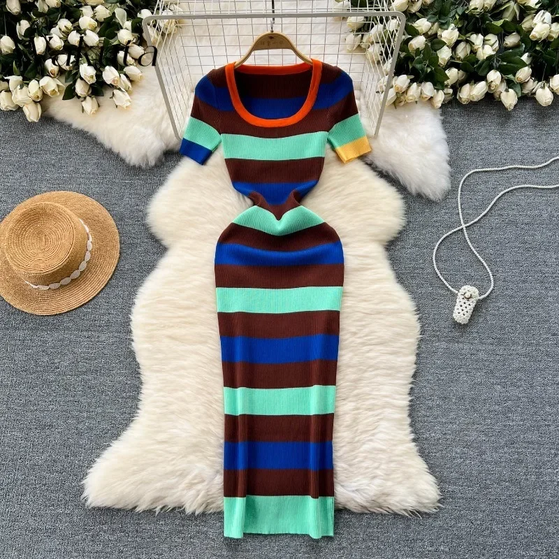 WAKUTA American Retro Square Neck Short-sleeved Color Collision Dresses Fashion Striped Slim Thin Knitted Robe De Soirée Orange