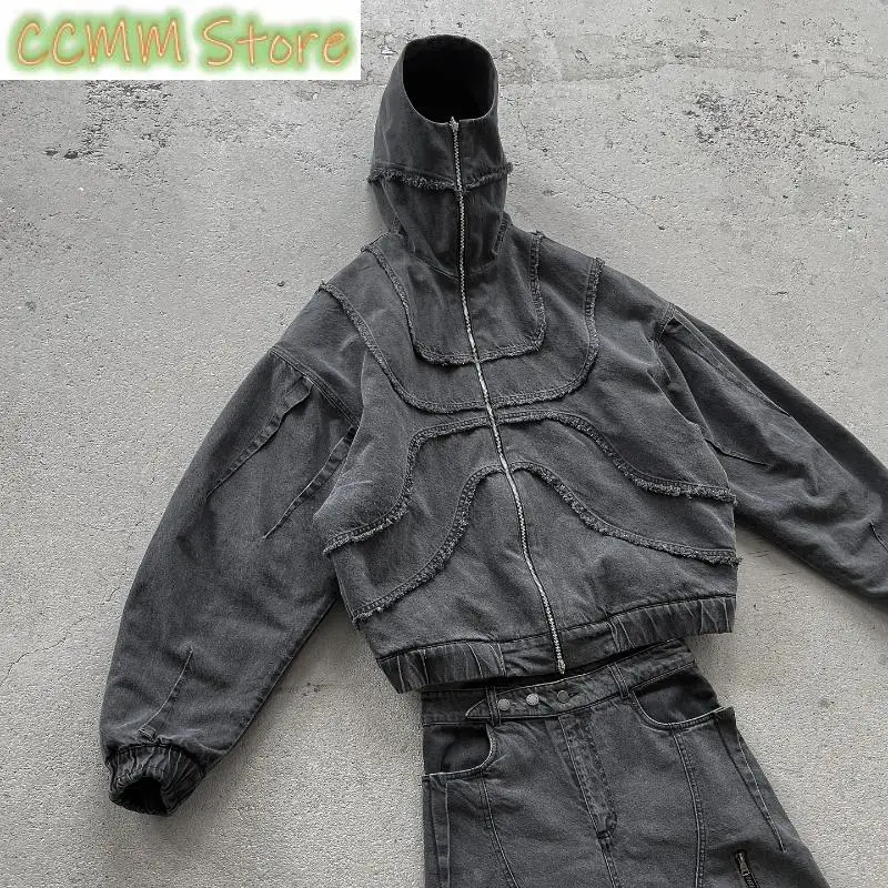 New Denim Jacket American Splicing Style Gothic Vintage Trend Unisex Streetwear Punk High Street Oversized Leisure Zip Up Hoodie