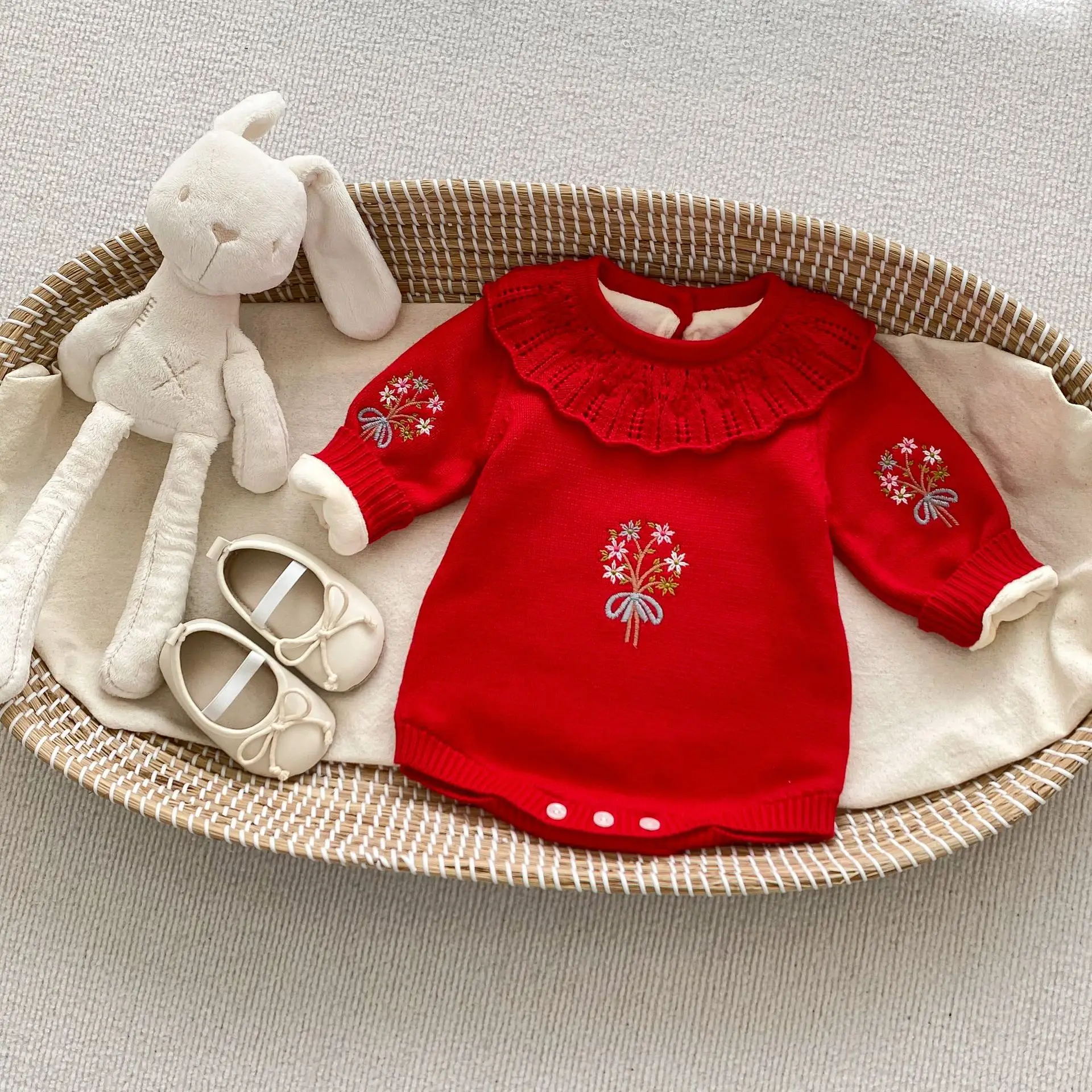 2023 Spring Kids Baby Girls Cute Bodysuits - Infant Knitted Embroidery Flower Ruffles One-pieces , Newborn Toddler Jumpsuits