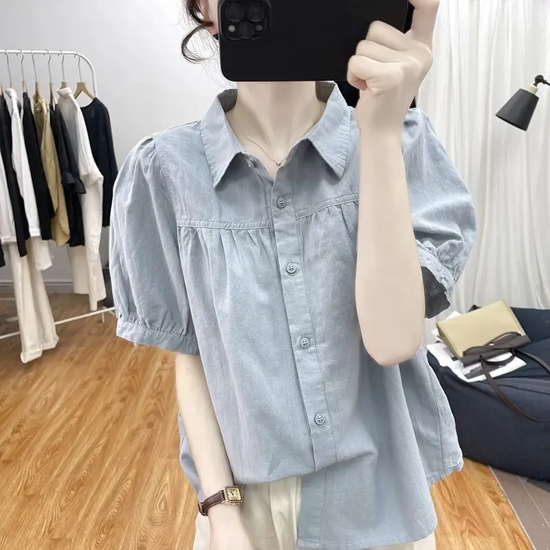 

Summer Women's Pure Cotton Lantern Sleeve Collar Short Sleeve Shirt Korean Style Commute Casual Loose Fit Top