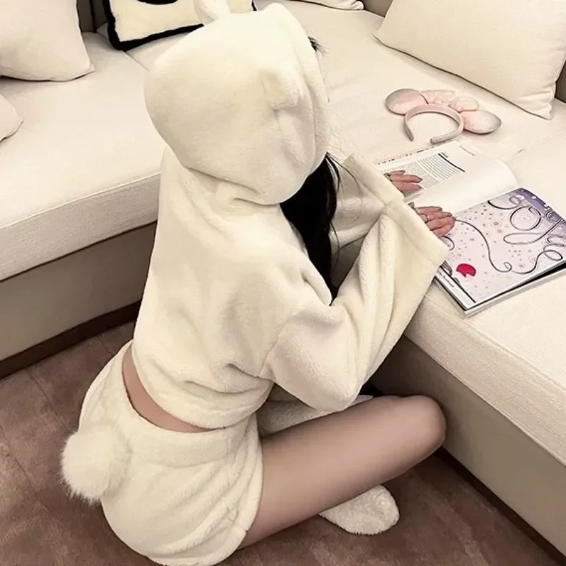 Pajama Sets Women Kawaii Hooded Long Sleeve Sleepwear Cozy Students Faddish Japanese Style Pijamas Loose Home Sweet Girls Wear