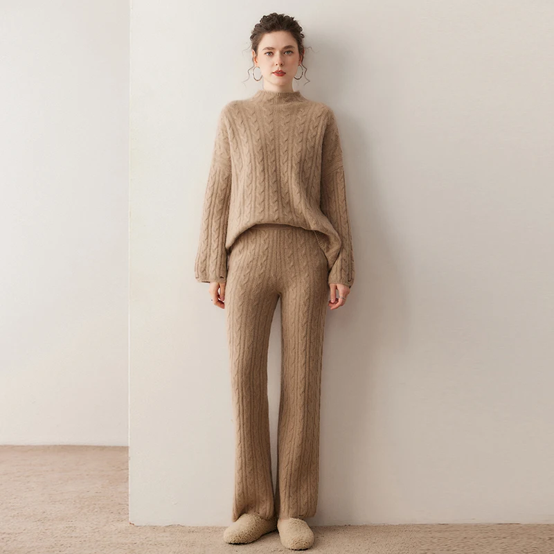 High-End 100% Pure Cashmere Women'S Set Round-Neck Cable-Knit Sweater And High-Waisted Cable-Knit Straight Pants Two-Piece Set