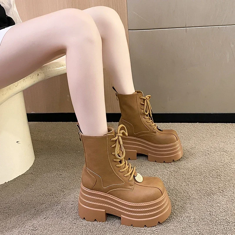 Women Boots Gothic Leather Women Boots Punk Platform Motorcycle Boots Luxury Brand Comfortable Shoes Mid-calf Short Combat Boot