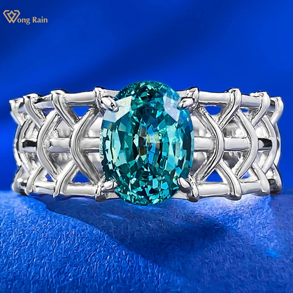 

Wong Rain 925 Sterling Silver Oval Cut 6*8 MM Paraiba Tourmaline High Carbon Diamond Gemstone Ring For Women Engagement Jewelry