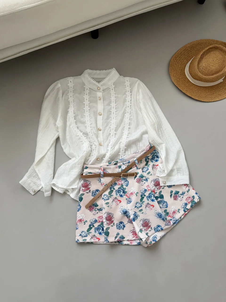 Women's Spring Autumn Elegant Two Pieces Shorts Set Lady Half High Collar Long Sleeve Shirt + High Waist Wide Leg Floral Shorts