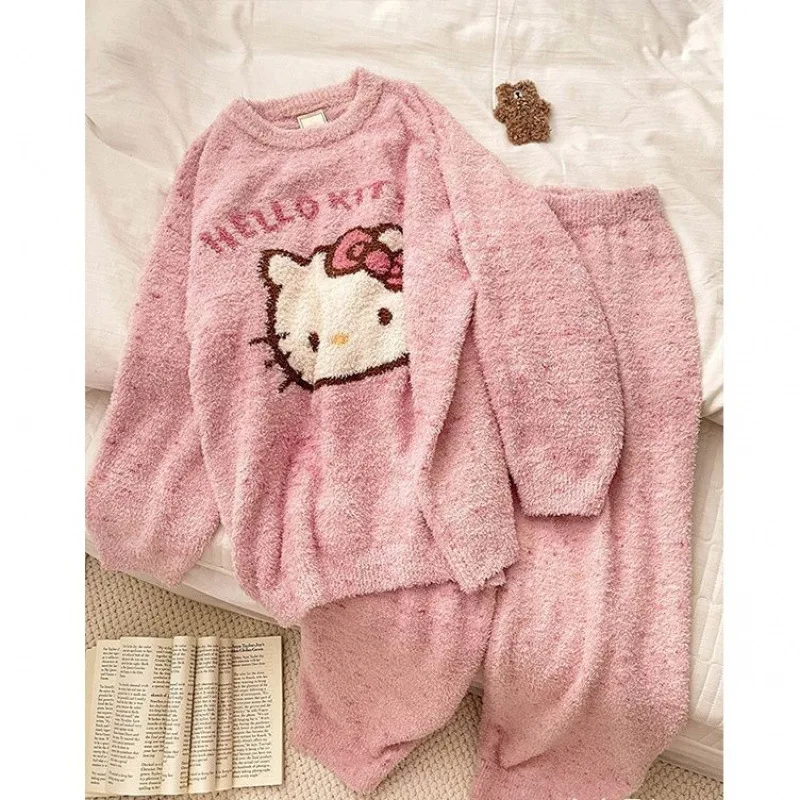 Hello Kitty Sanrios Anime Plush Pajamas Kawaii Winter Thickening Keep Warm Nightgown Cartoon Girl Casual Nightwear Home Wear