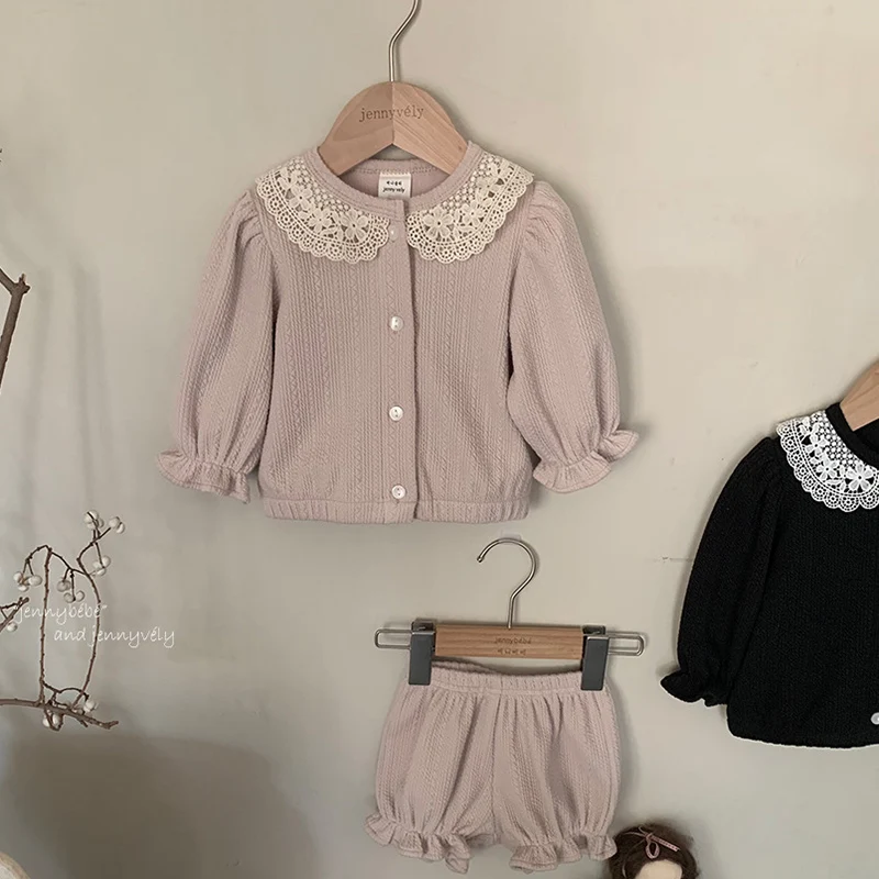 2024 New Autumn Korean Style Children Clothes Suit Long Sleeves Lace Splicing Cardigan+Shorts Newborn Baby Girls Clothing Set