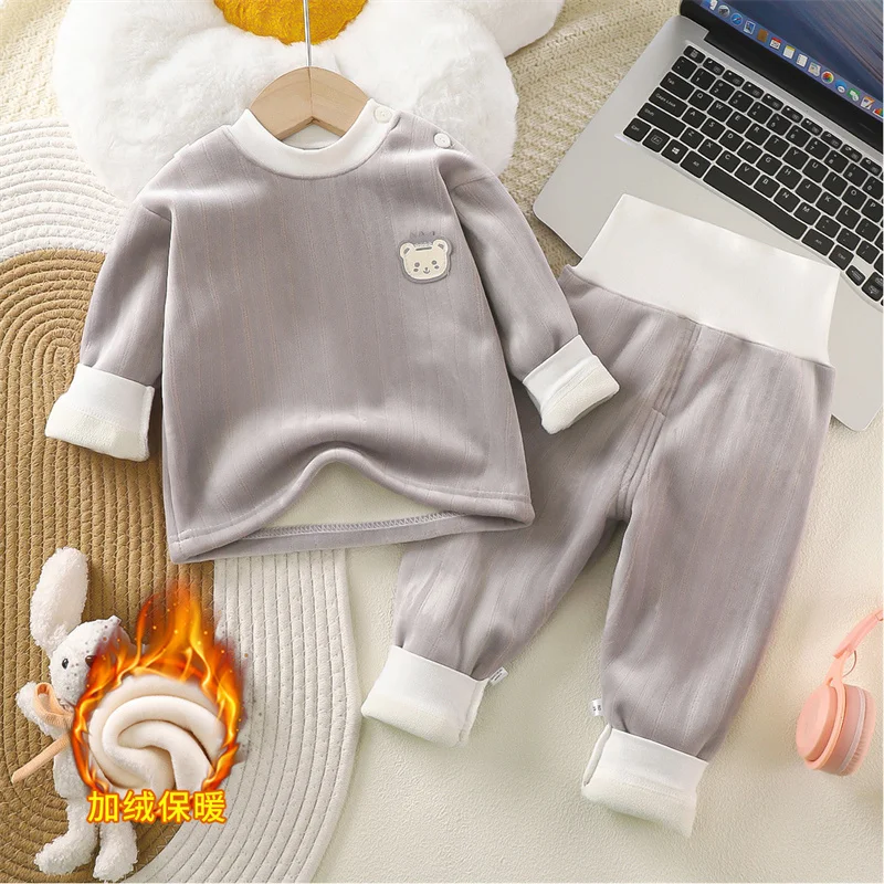 Children\'s Thermal Underwear Set Clothes Autumn Winter Baby Thickened Suit Boy Girl Plus Velvet Top Pants 2Pcs Outfits Clothing
