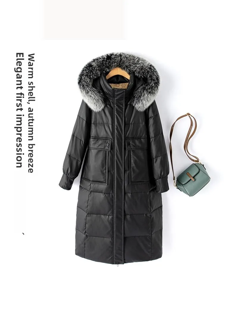 Winter Thiened Genuine Leather down Jaet Women's Medium Length  Fur Collar Removable Hood eepskin Coat Zipper Closure