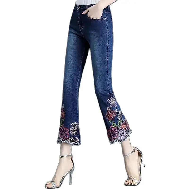 Vintage Spring And Summer Jeans  2024 New High-Waist Elastic Versatile Embroidered Jeans Nine-Point Micro-Trumpet Female Jeans