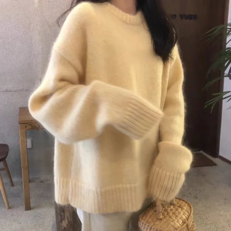 

Женский пуловер Fairy Milk Yellow, свободный ленивый стиль, круглый вырез, универсальный сладкий осенне-зимний новый утолщенный топ