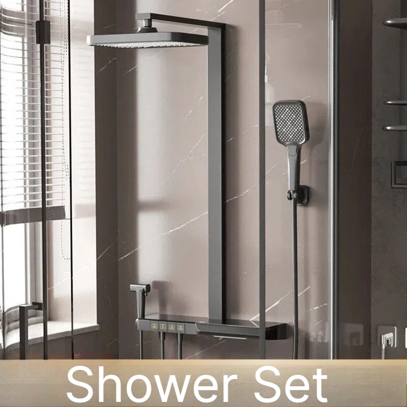 Solid Brass Gun Gray PVD Thermostatic Shower Set, Digital Display Piano Key Shower System with Long Storage Panel for Bathroom