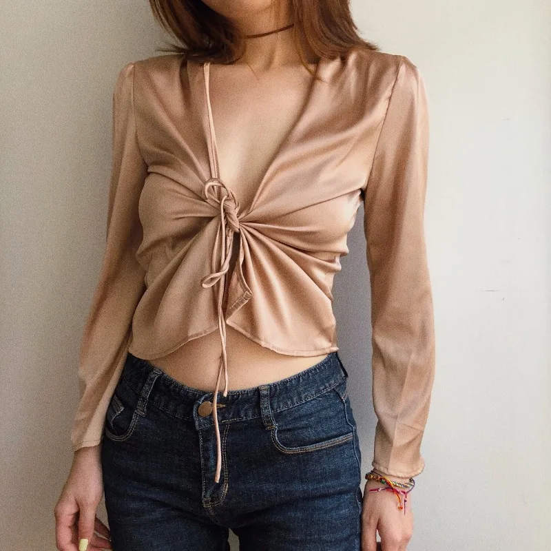 الرجعية بلون الساتان السلس الساتان قمصان موضة الخامس رابطة عنق على شكل حرف v عقدة طويلة الأكمام قصيرة الشمس Bloue مثير الملابس النسائية قميص #6