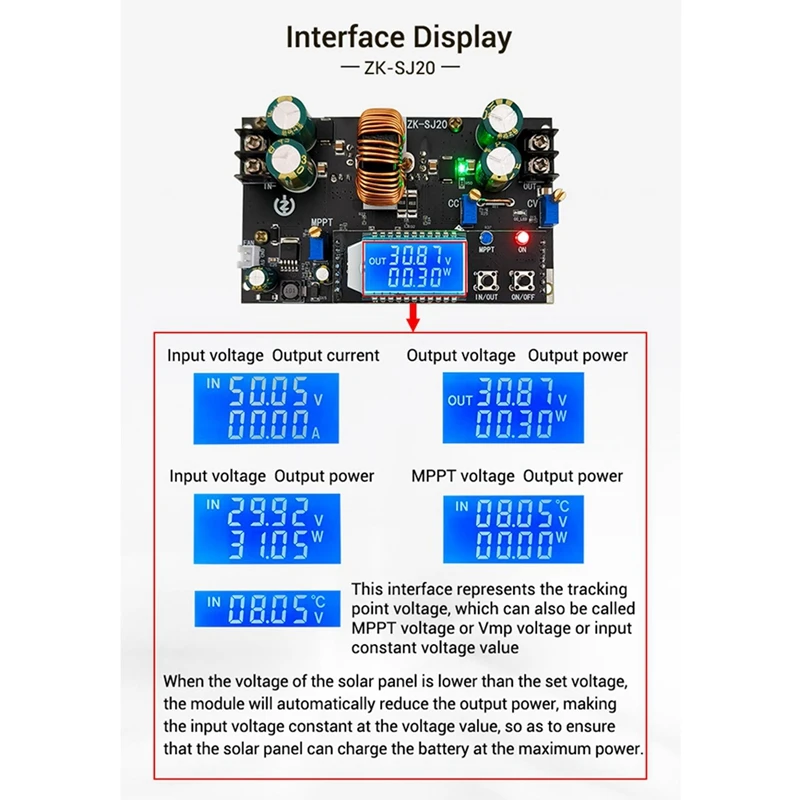 2X ZK-SJ20 Automatic Step Up Down Module MPPT With LCD Display Buck Boost Converter Power Supply Module Adjustable Board